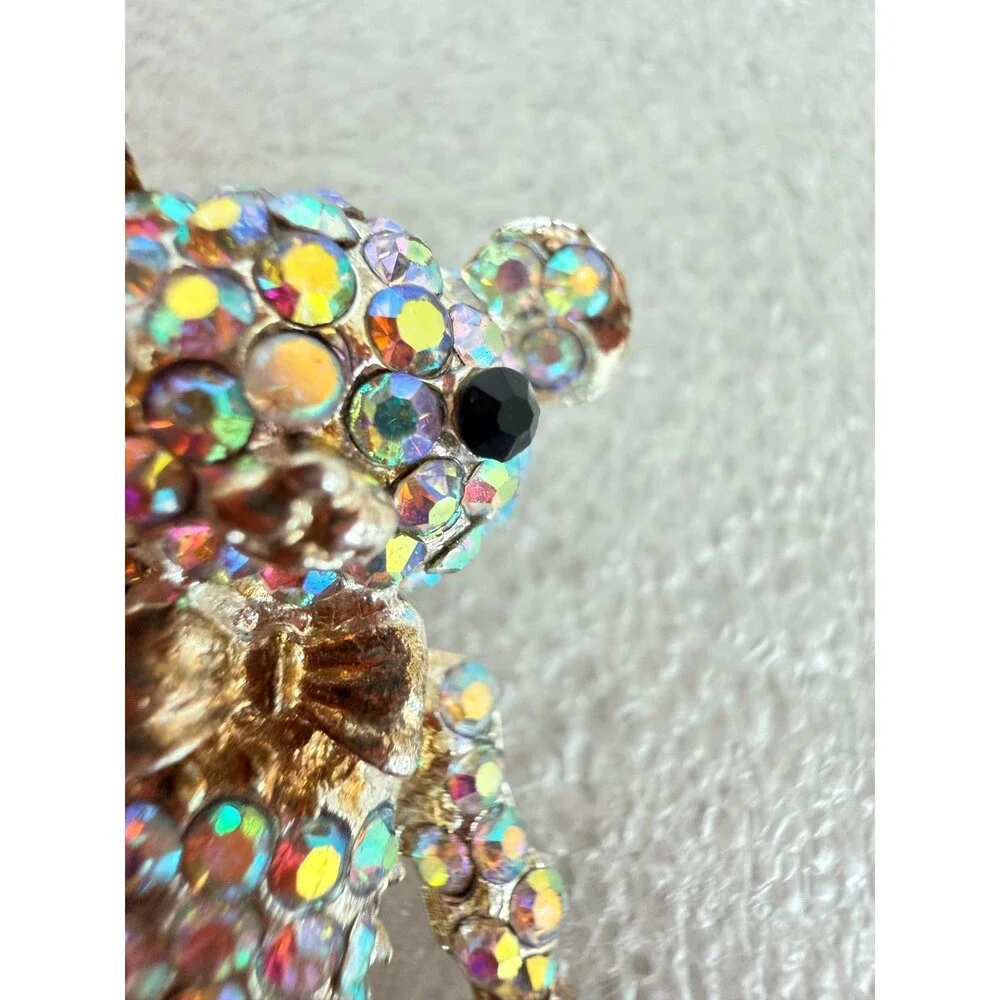 Vintage 1980s AB Rhinestone Teddy Bear Brooch Dangling Teardrop Crystal Pin DES